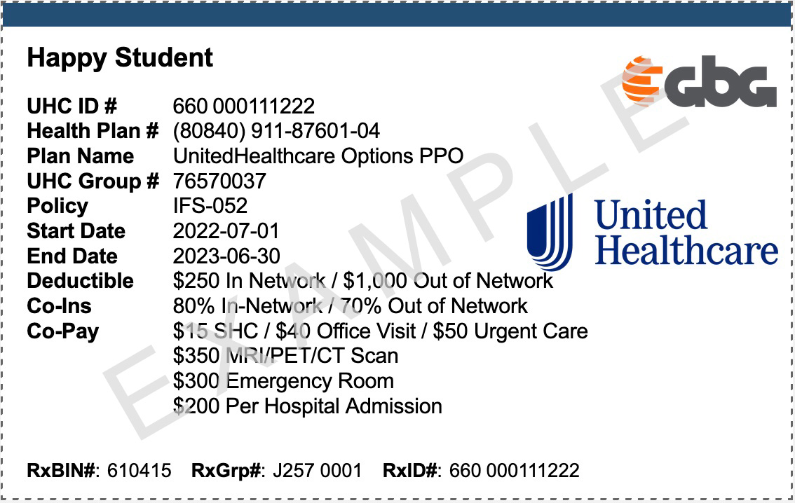 Insurance card example, front